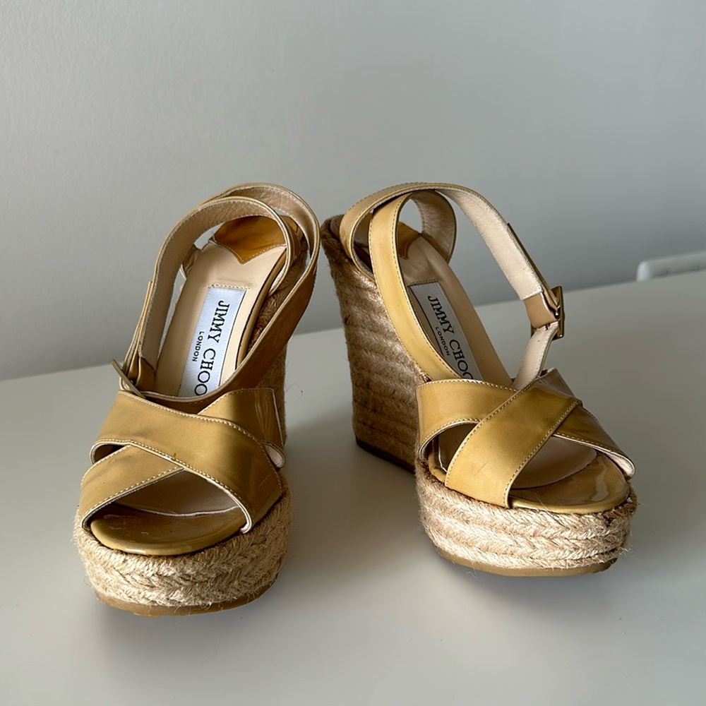 AUTHENTIC Jimmy Choo Patent Strappy Platform Wedges Size EU35/ US5